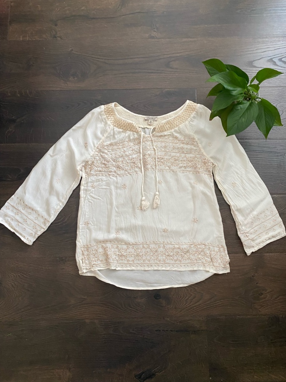 Lucky Brand Cream Embroidered Boho Peasant Tunic Flowy size M
